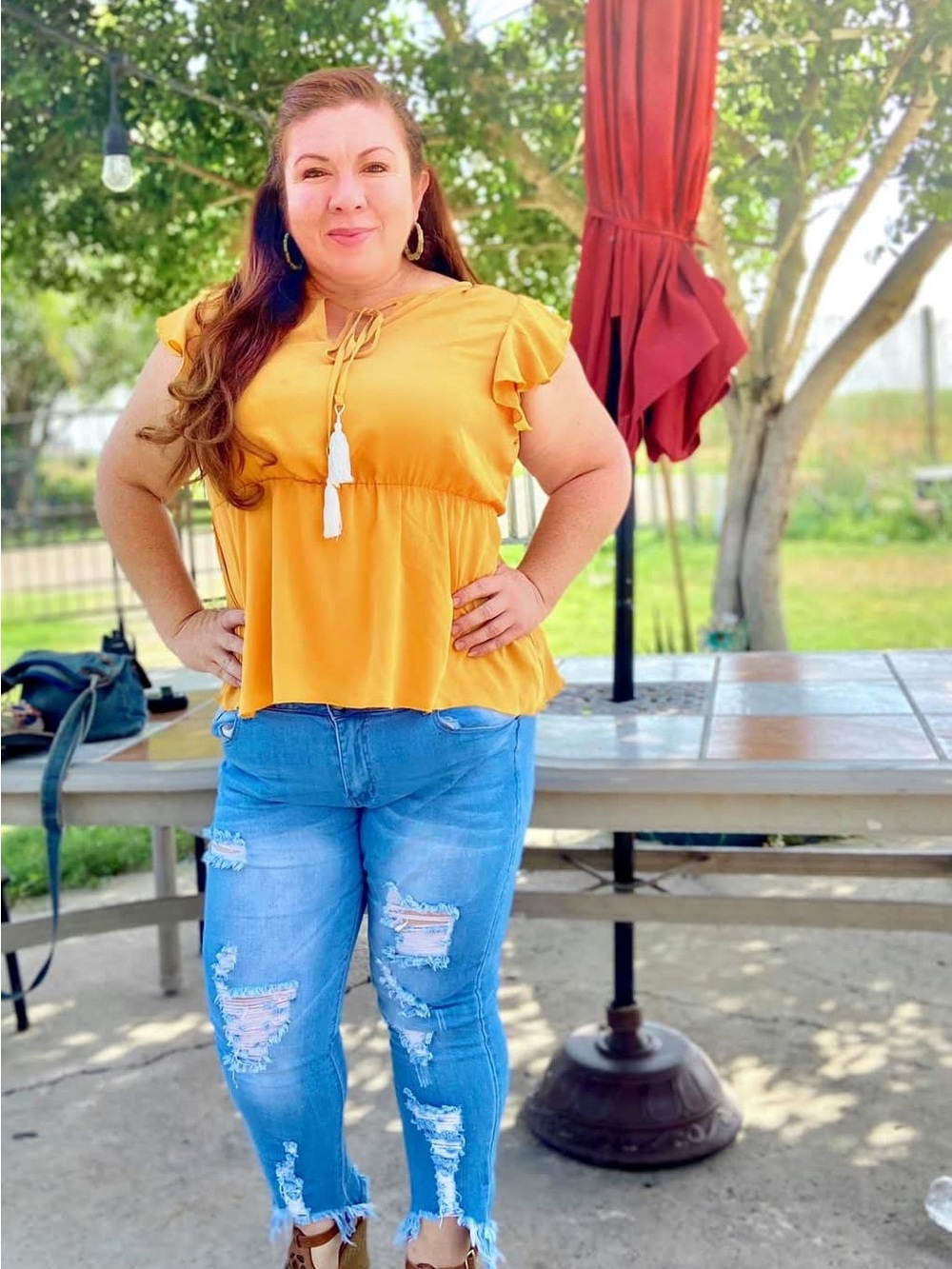 SHEIN Mustard Ruffle Sleeve Peplum Top with Tassel Tie